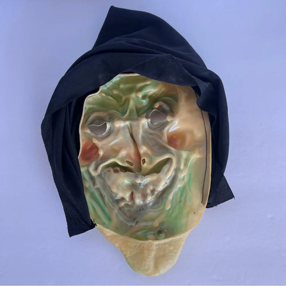 Vintage Halloween Witch Rubber Mask Green/Red Nose and Teeth with Hood